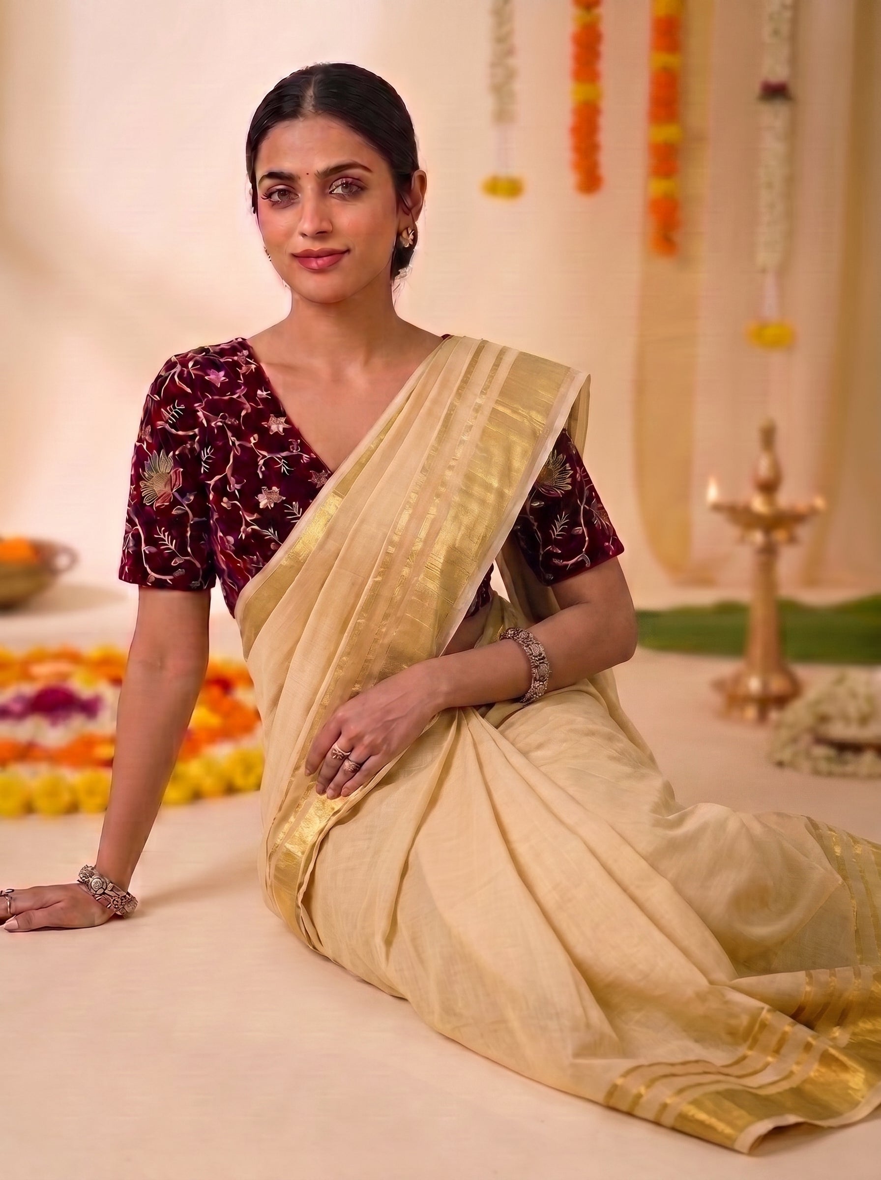 Onam Mul Cotton Golden Border Colour Saree