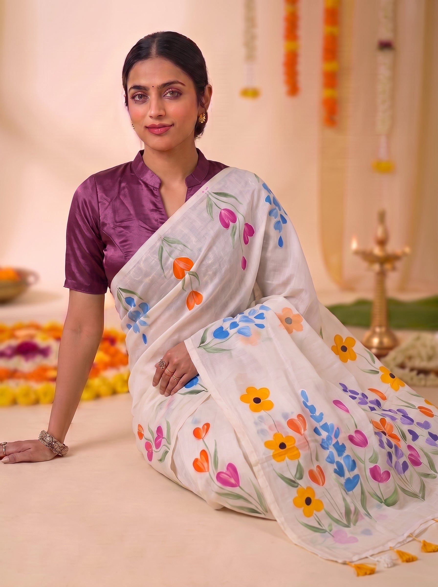 Onam Special Mul Cotton Hand Painted Saree