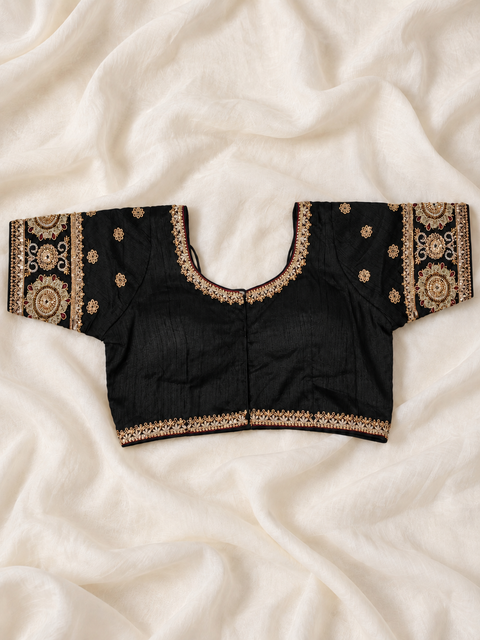 Black & Gold Floral Embroidered Round Neck Saree Blouse | Festive Designer Blouse