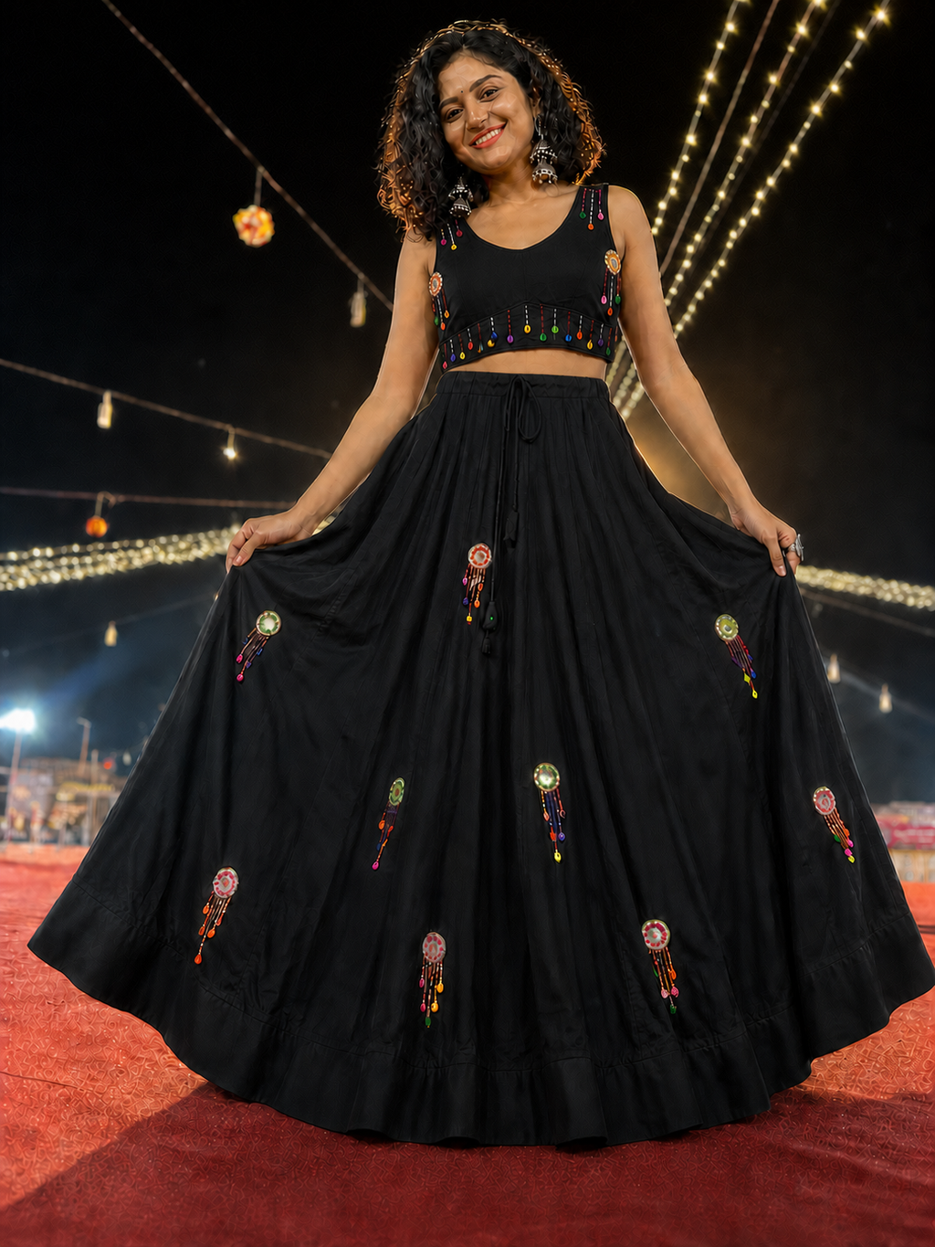 Mirror Work Black Cowrie Lehenga Choli