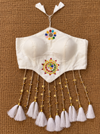 Rangrez White Cowrie Shell Work Halter Neck Blouse with Long Tassels