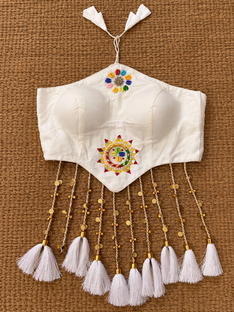 Rangrez White Cowrie Shell Work Halter Neck Blouse with Long Tassels