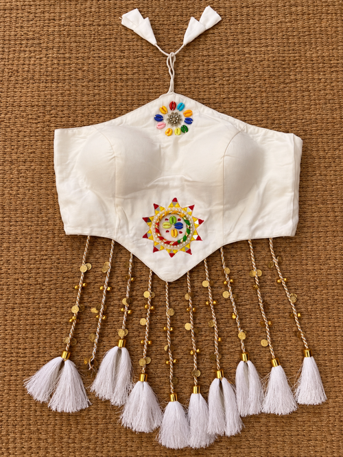 Rangrez White Cowrie Shell Work Halter Neck Blouse with Long Tassels