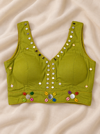 Parrot Green Mirror Work Cowrie Shell Blouse