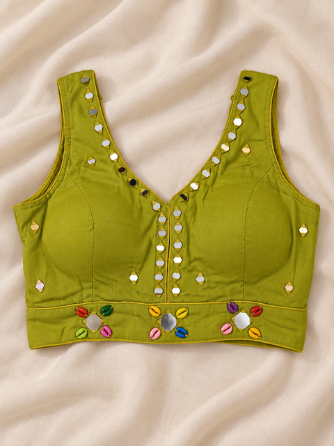 Parrot Green Mirror Work Cowrie Shell Blouse
