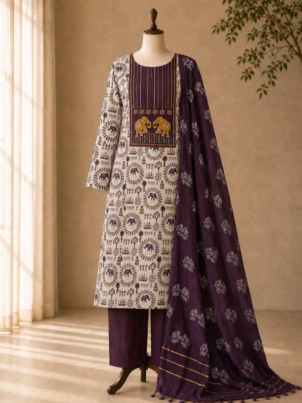 Double Hathi Dress Material Mehroon