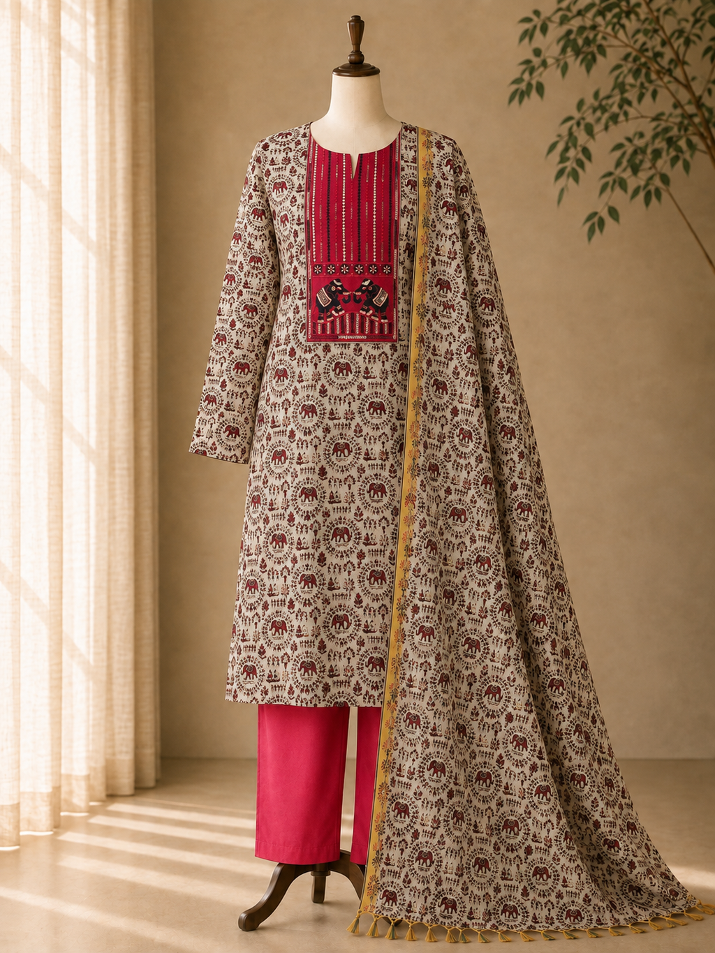 Double Hathi Dress Material Red