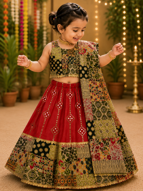 Red Ajrakh Print Sequin Work Ghagra Choli for Girls | Kids Festive Lehenga Set