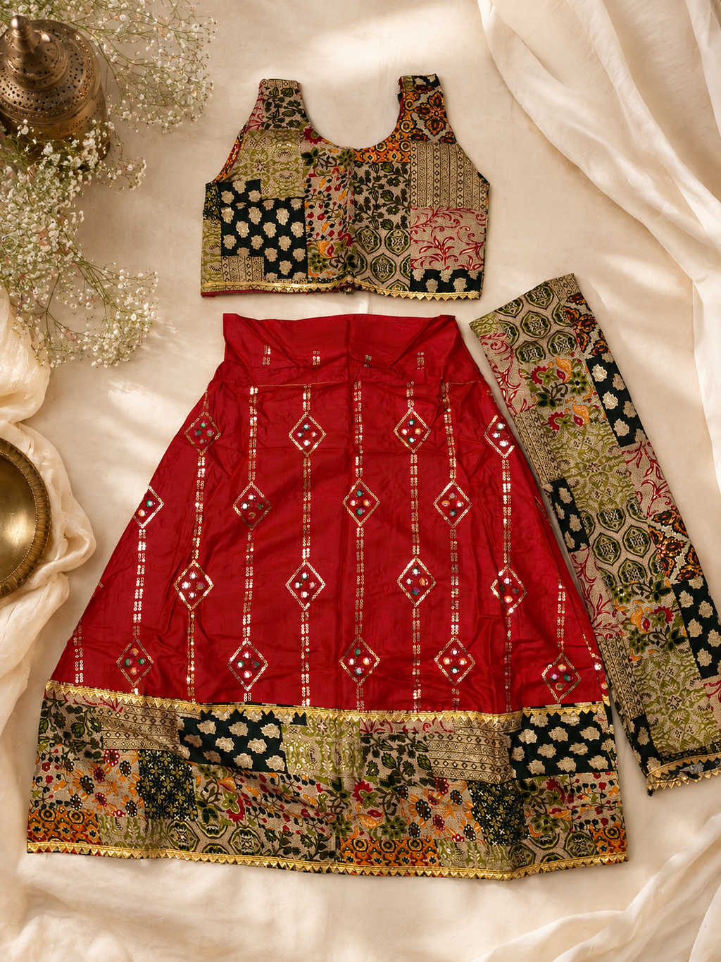 Red Ajrakh Print Sequin Work Ghagra Choli for Girls | Kids Festive Lehenga Set