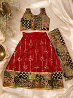 Red Ajrakh Print Sequin Work Ghagra Choli for Girls | Kids Festive Lehenga Set