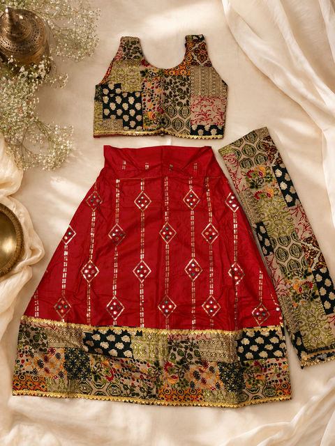 Red Ajrakh Print Sequin Work Ghagra Choli for Girls | Kids Festive Lehenga Set