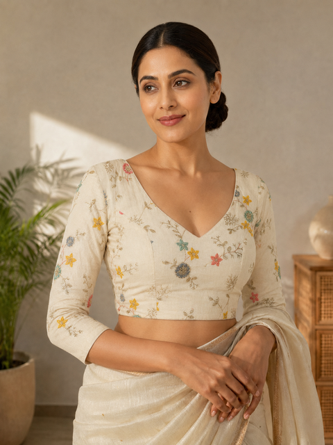 Readymade Khadi Cotton 3/4 Sleeves Back Open Blouse 6331