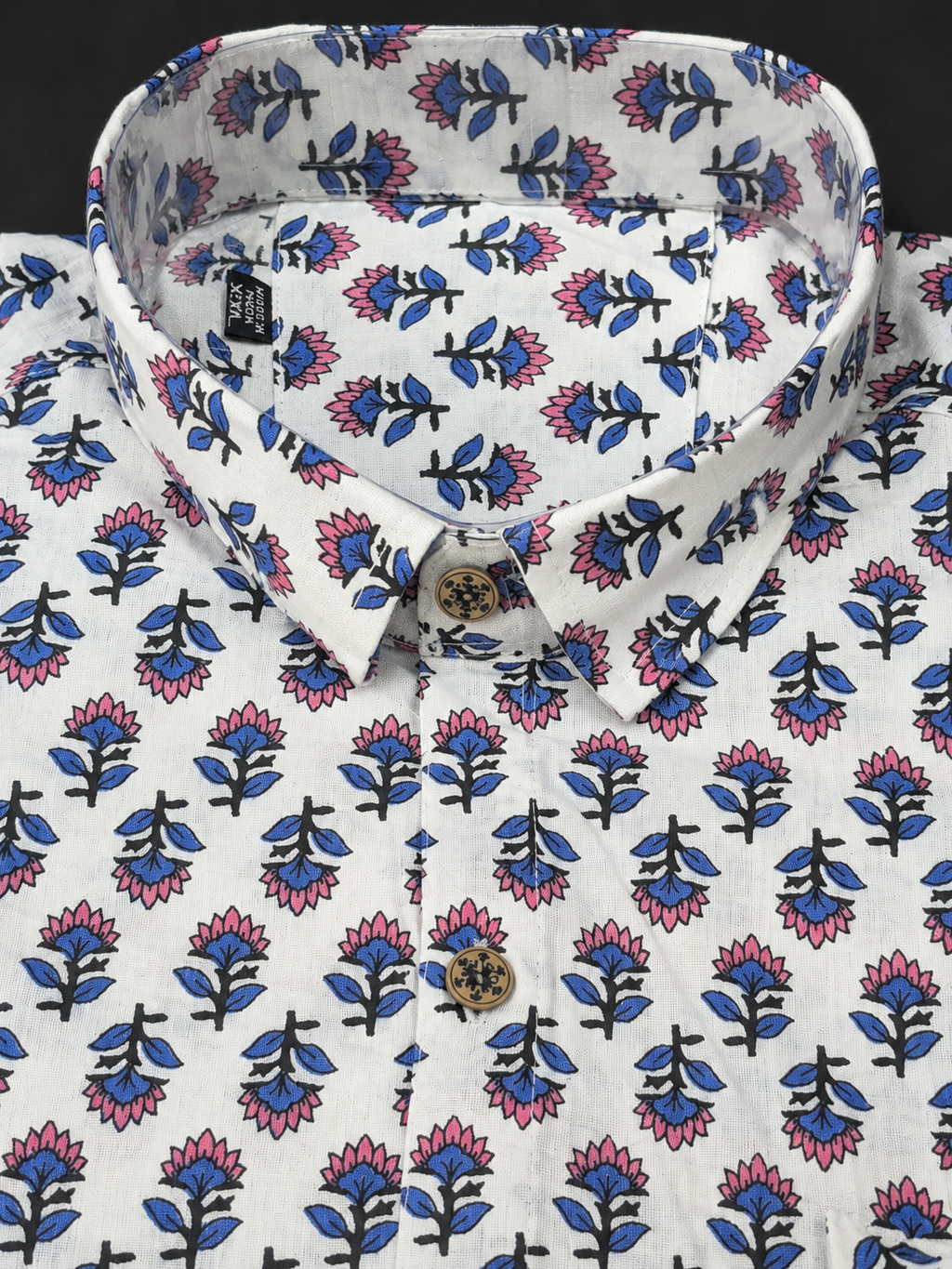 Ivory Pink-Blue Floral Buta Print Shirt