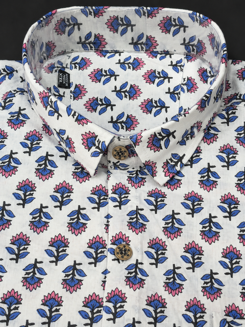 Ivory Pink-Blue Floral Buta Print Shirt