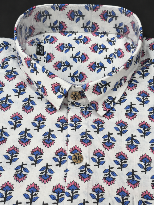 Ivory Pink-Blue Floral Buta Print Shirt