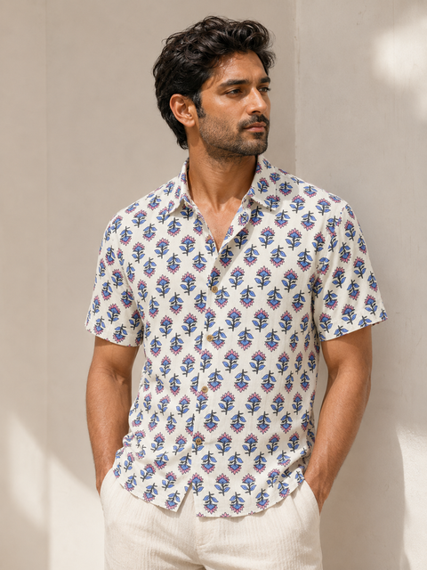 Ivory Pink-Blue Floral Buta Print Shirt