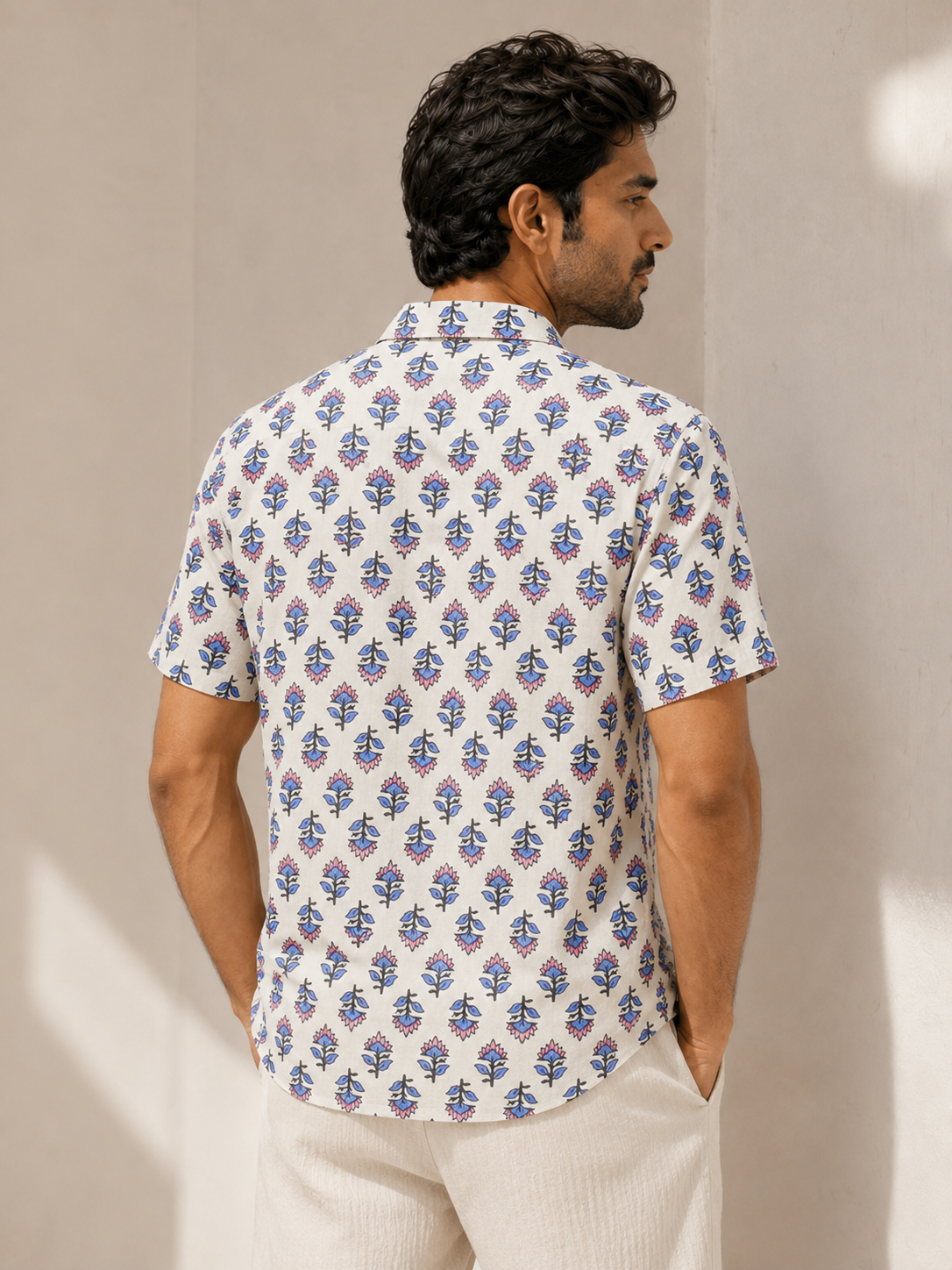 Ivory Pink-Blue Floral Buta Print Shirt