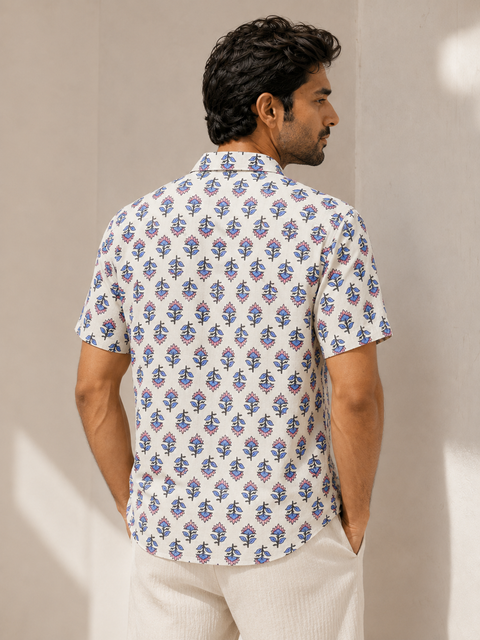 Ivory Pink-Blue Floral Buta Print Shirt