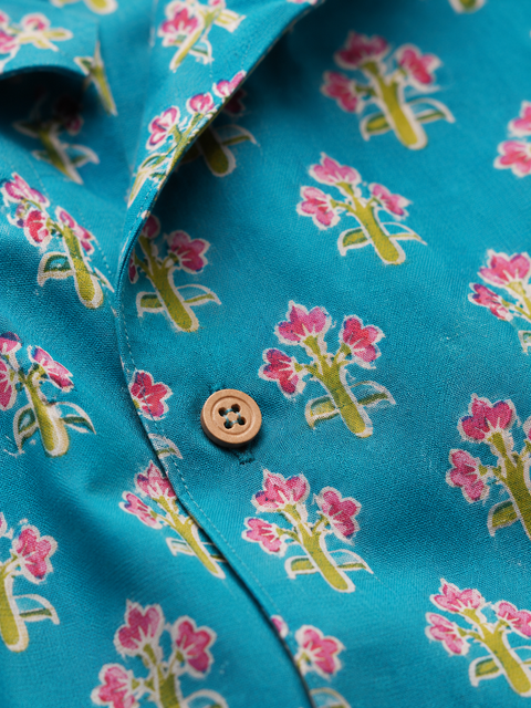 Turquoise Pink Floral Buta Print Shirt