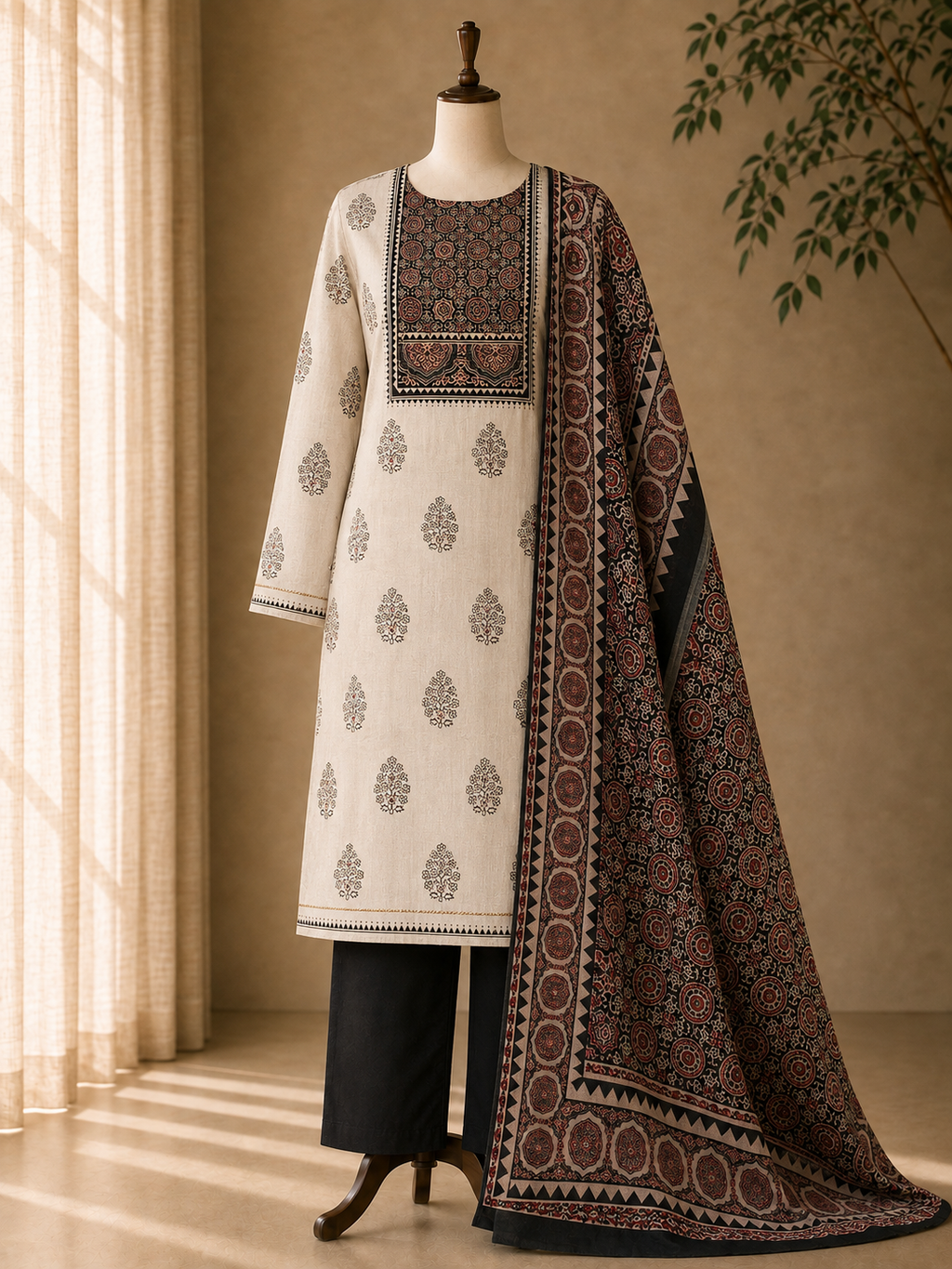 Cotton chikan fancy neck Dress Material Black