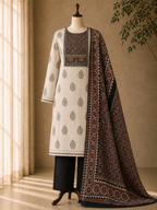 Cotton chikan fancy neck Dress Material Black
