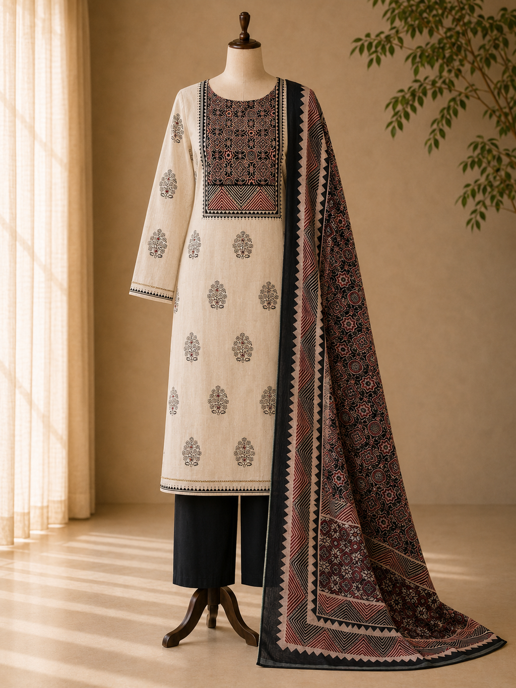 Cotton chikan fancy neck Dress Material Black