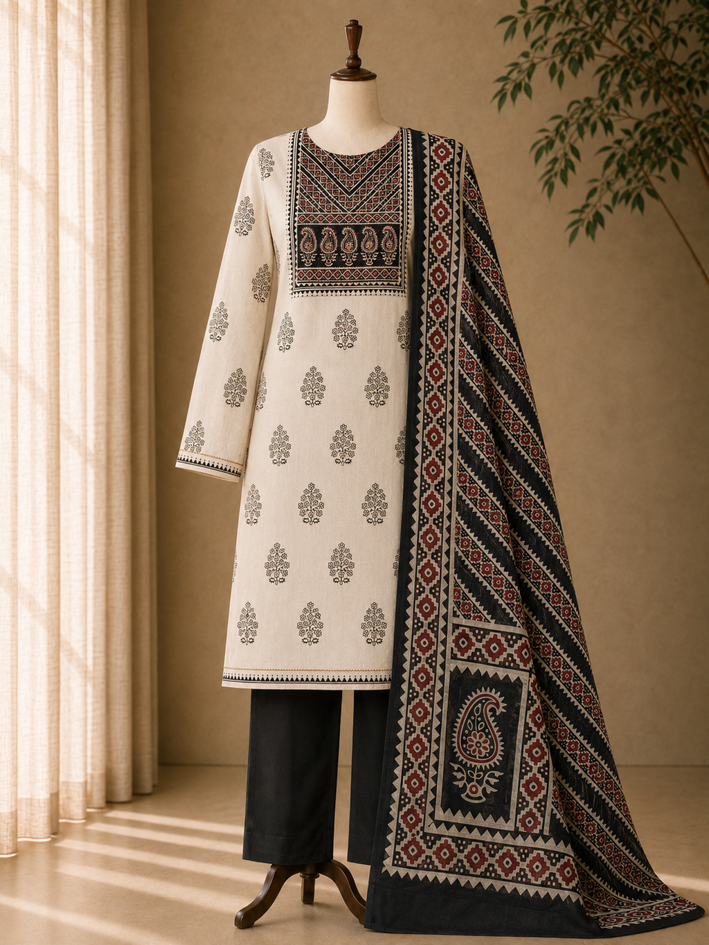 Cotton chikan fancy neck Dress Material Black