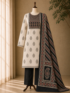 Cotton chikan fancy neck Dress Material Black