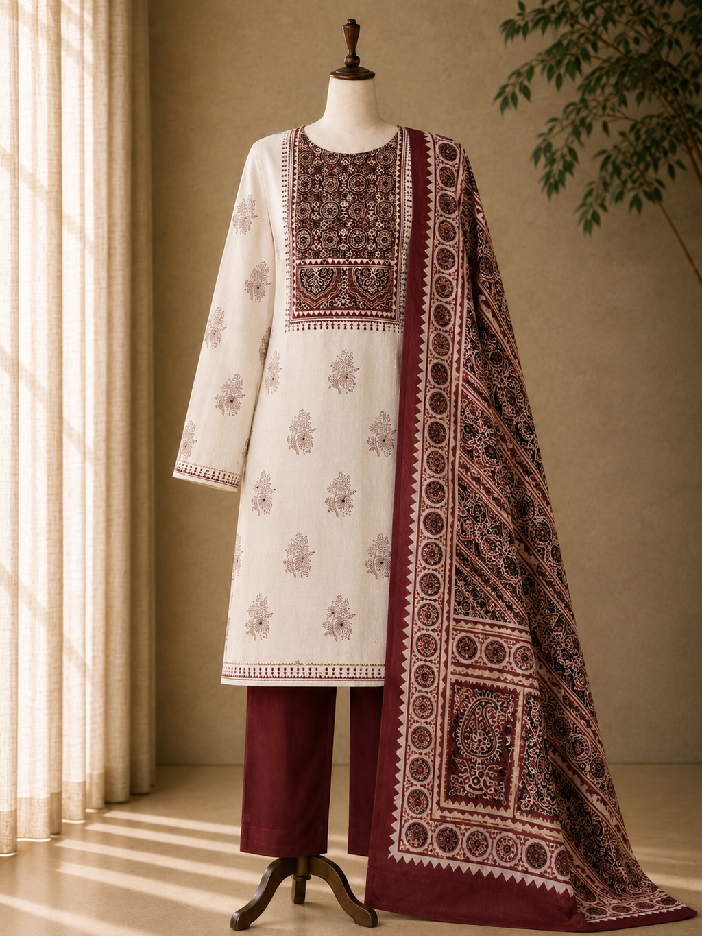 Cotton chikan fancy neck Dress Material