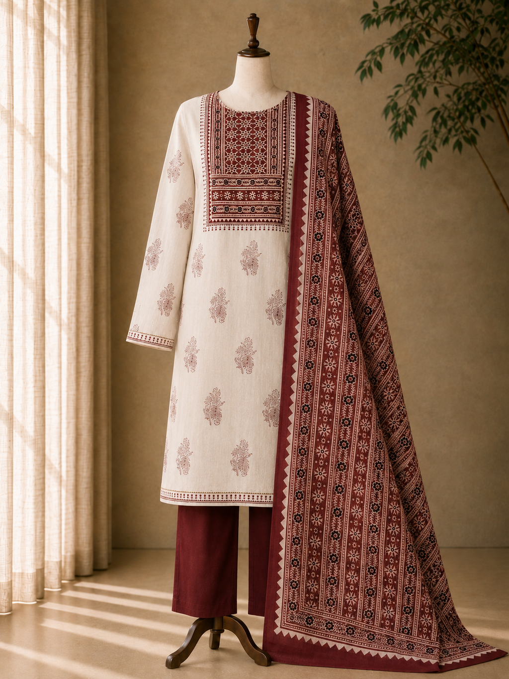 Cotton chikan fancy neck Dress Material