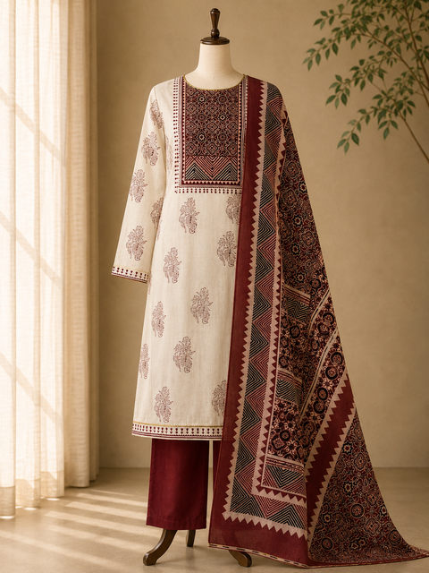 Cotton chikan fancy neck Dress Material