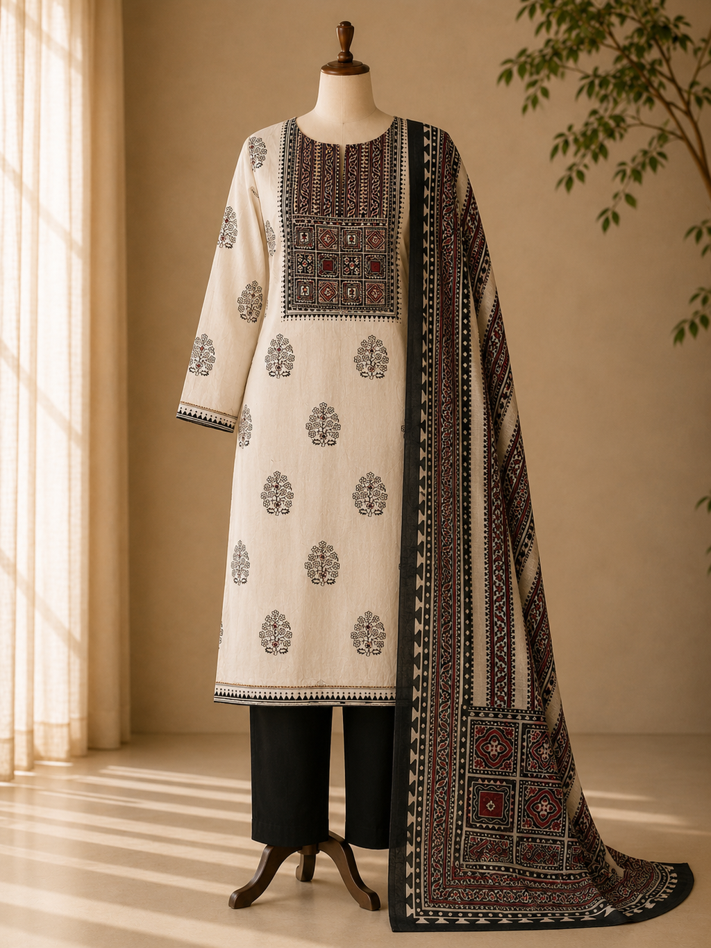 Cotton chikan fancy neck Dress Material Black