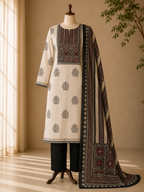Cotton chikan fancy neck Dress Material Black