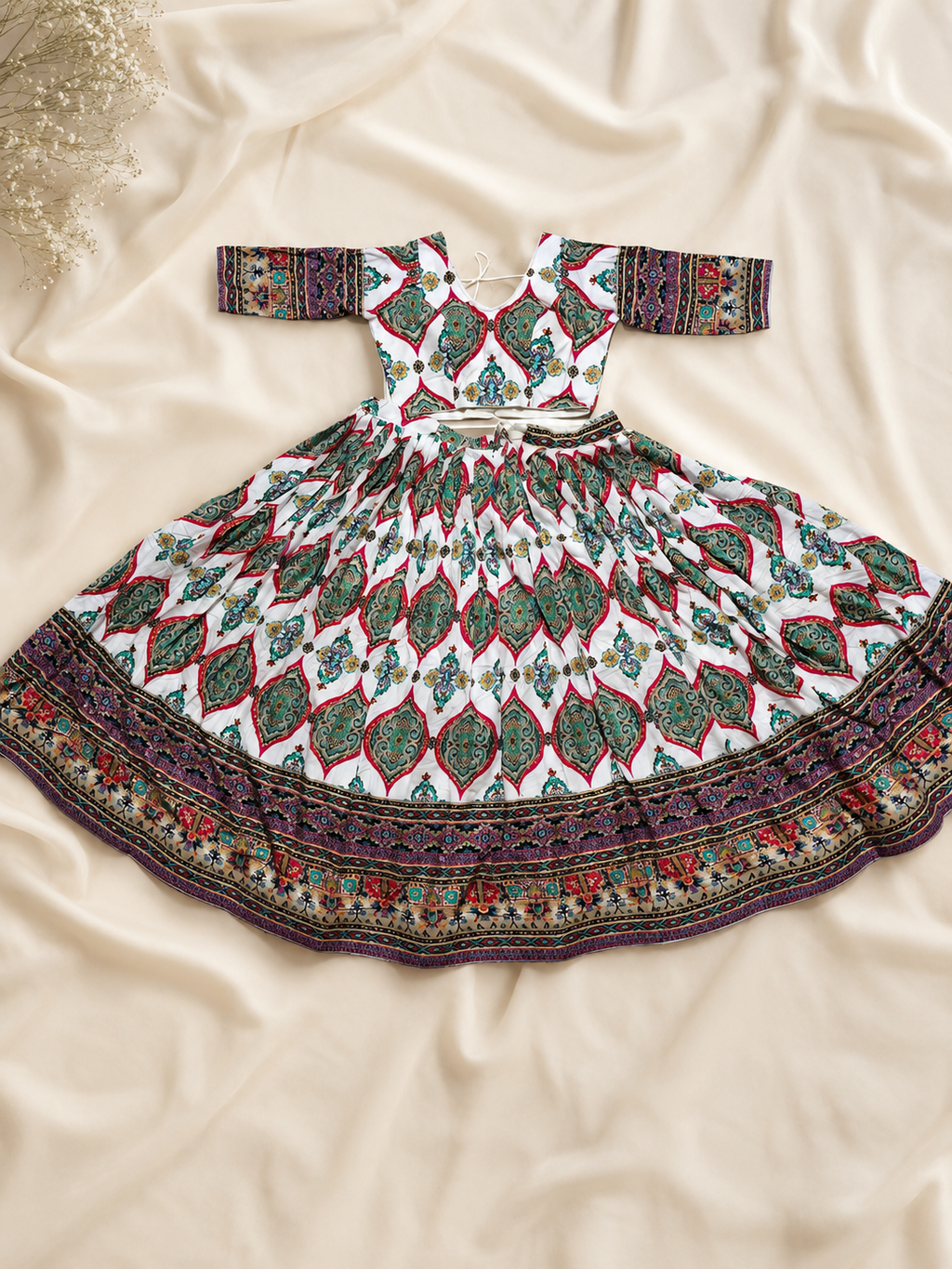 Flat display of matching lehenga and blouse