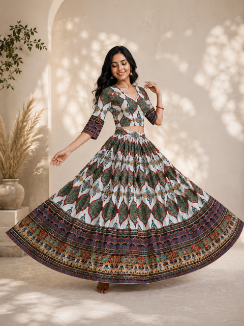 Full model view of printed Navratri lehenga and blouse