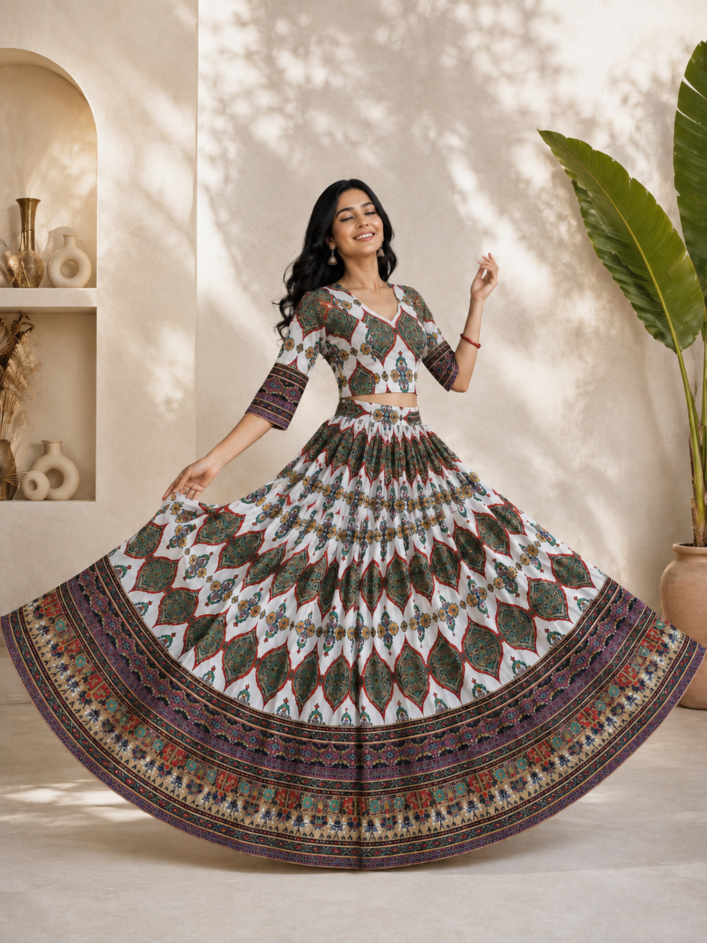 Model in Mor Bani white and teal printed chaniya choli
