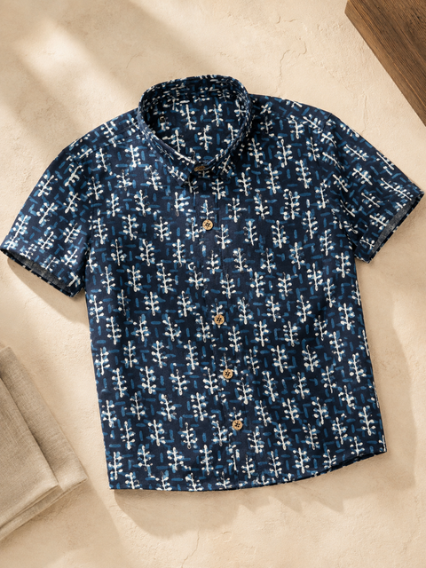 Indigo Tribal leaf Block Print Shirt