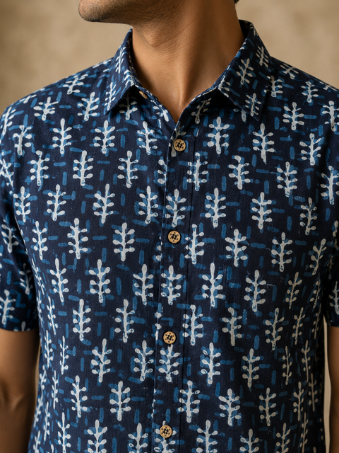 Indigo Tribal leaf Block Print Shirt