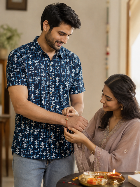 Indigo Tribal leaf Block Print Shirt