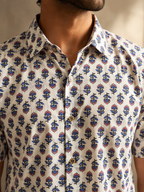 Ivory Pink-Blue Floral Buta Print Shirt