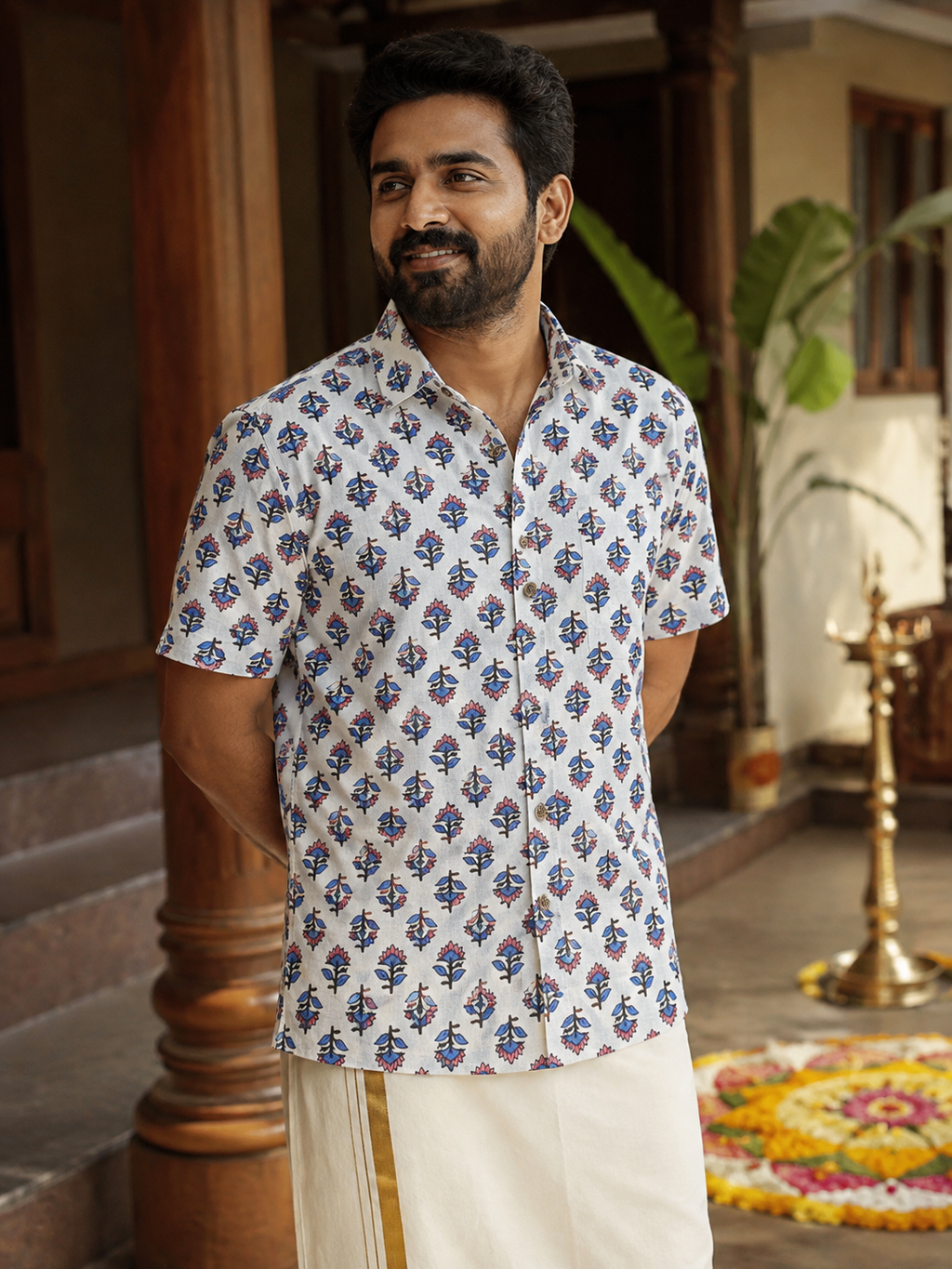 Ivory Pink-Blue Floral Buta Print Shirt