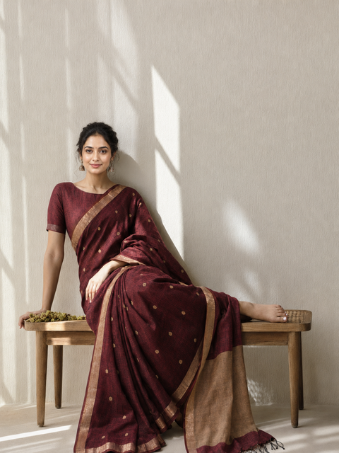 Madhur Maroon Linen Saree