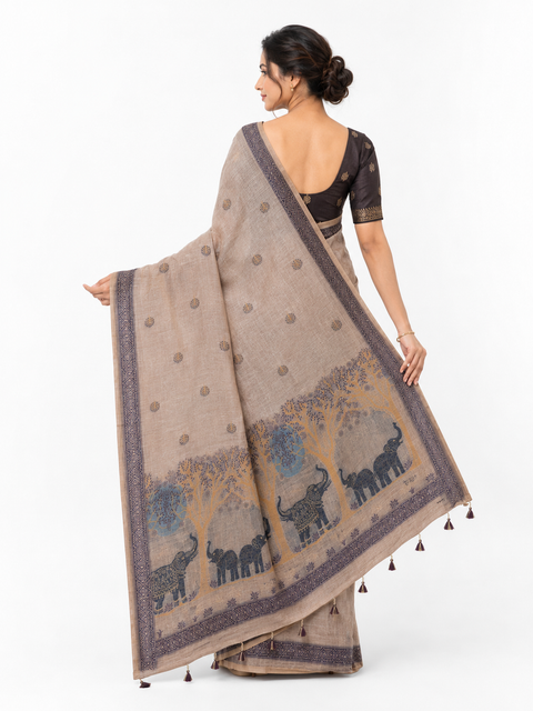 Muga Cotton Elephant Printed Saree