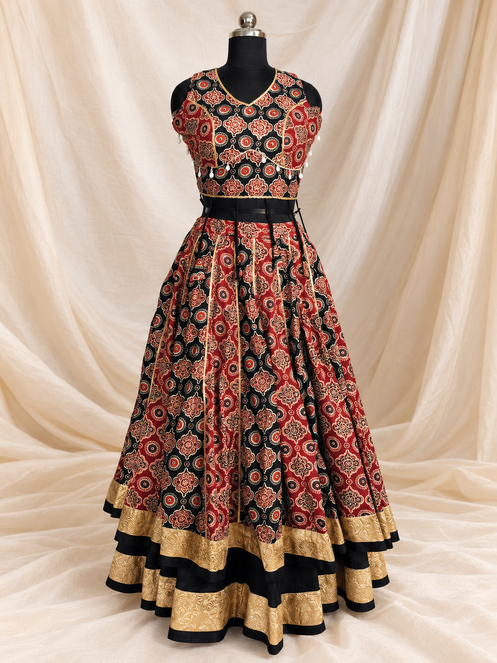 Chaap Tilak – Black &amp; Maroon Ajrakh Print Wedding Lehenga Choli