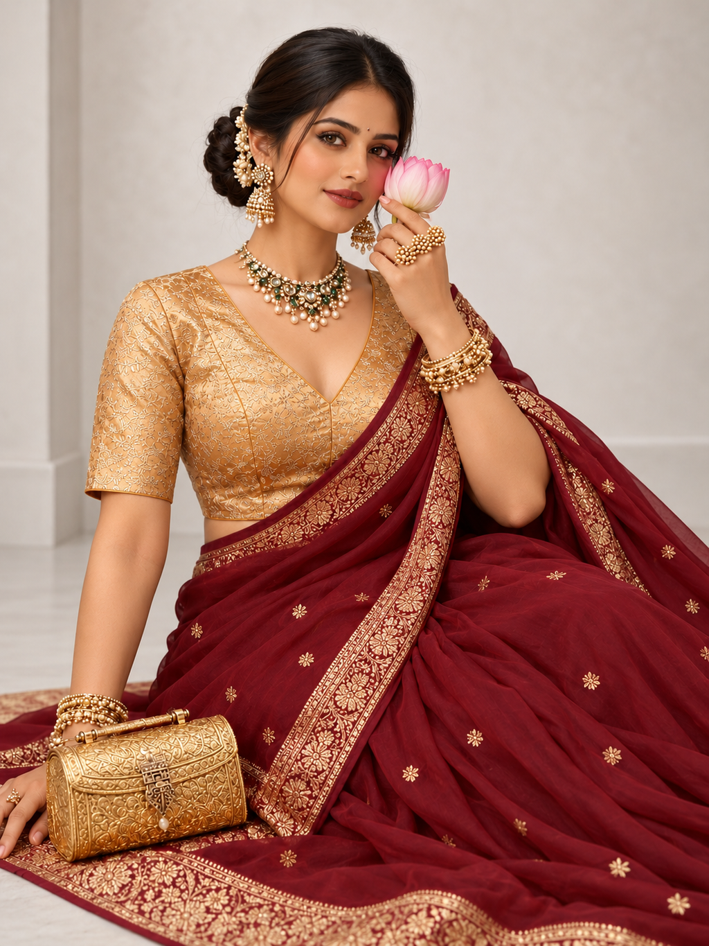 Golden Brocade V-Neck Designer Blouse