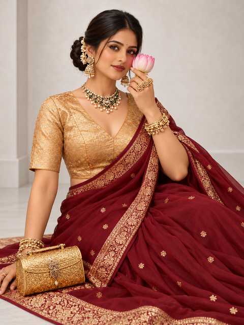 Golden Brocade V-Neck Designer Blouse
