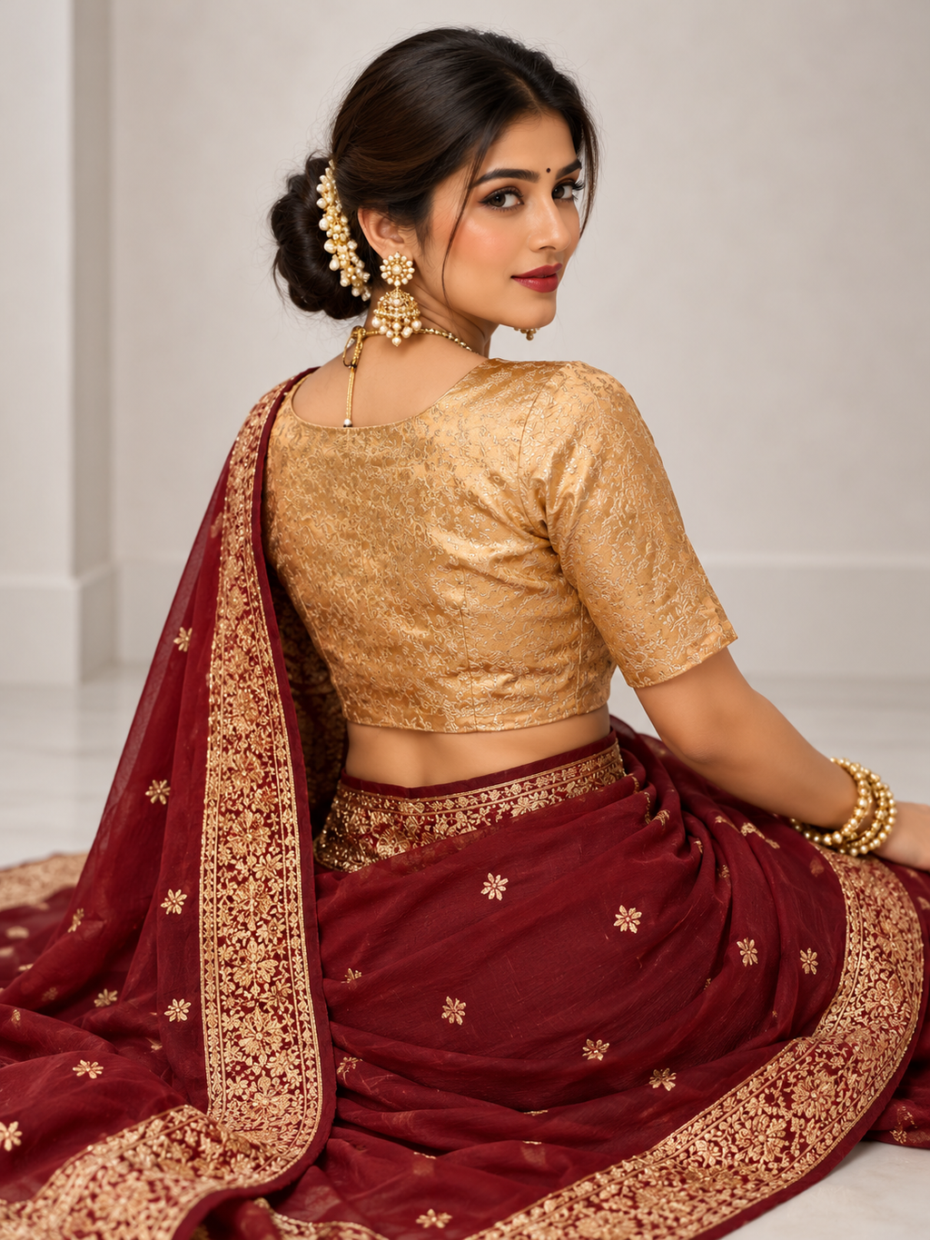 Golden Brocade V-Neck Designer Blouse