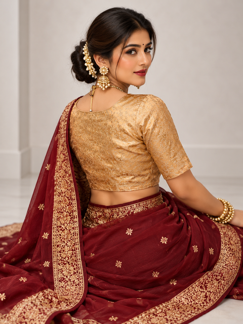 Golden Brocade V-Neck Designer Blouse