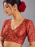 Surkh Gulaab Red Golden Floral Designer Saree Blouse | V Neck Festive Blouse