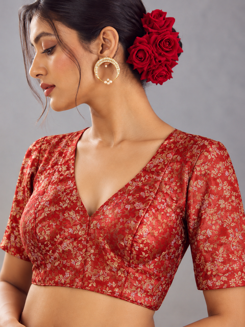 Surkh Gulaab Red Golden Floral Designer Saree Blouse | V Neck Festive Blouse